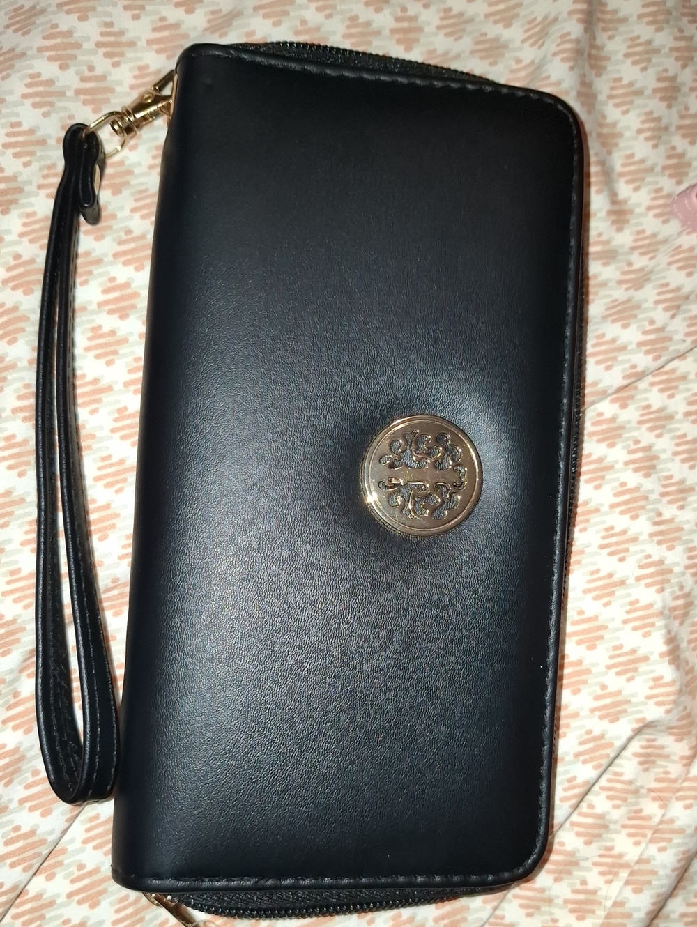 Black Women's Wallet Wristlet with Gold Emblem